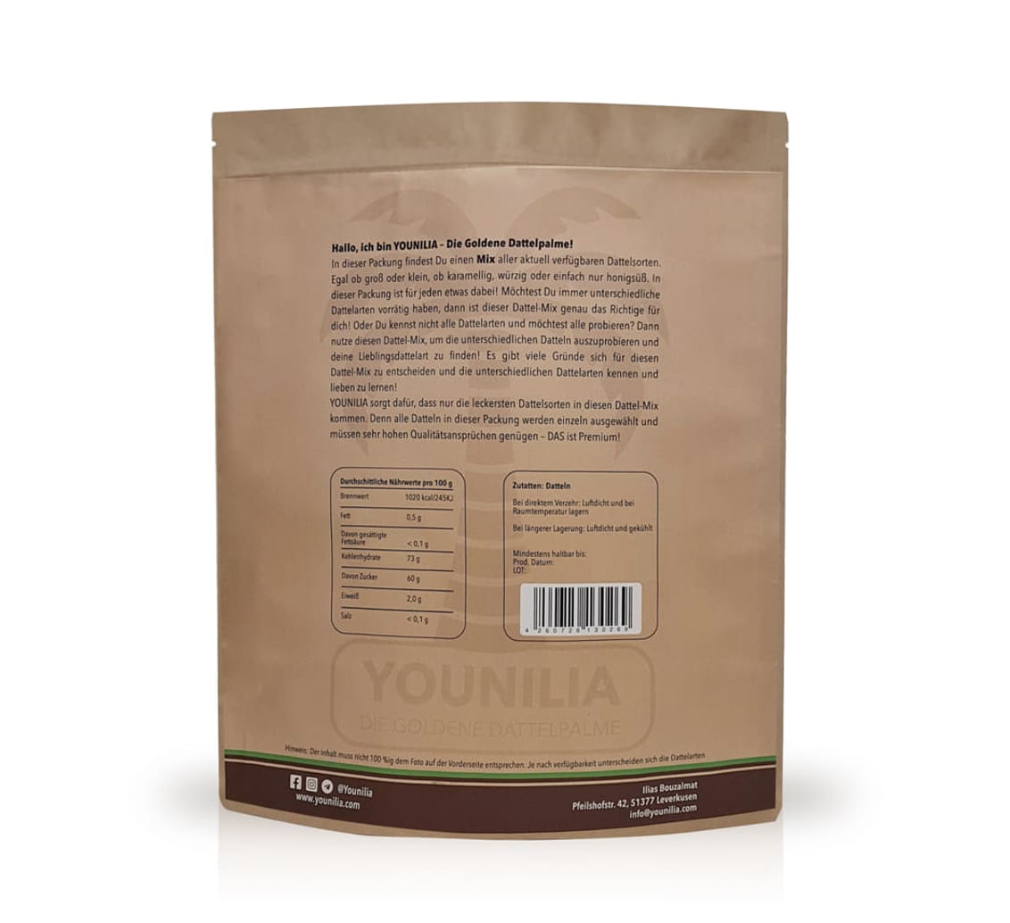Rückseite der Arabischen Dattelmischung-Verpackung mit Produktinfos