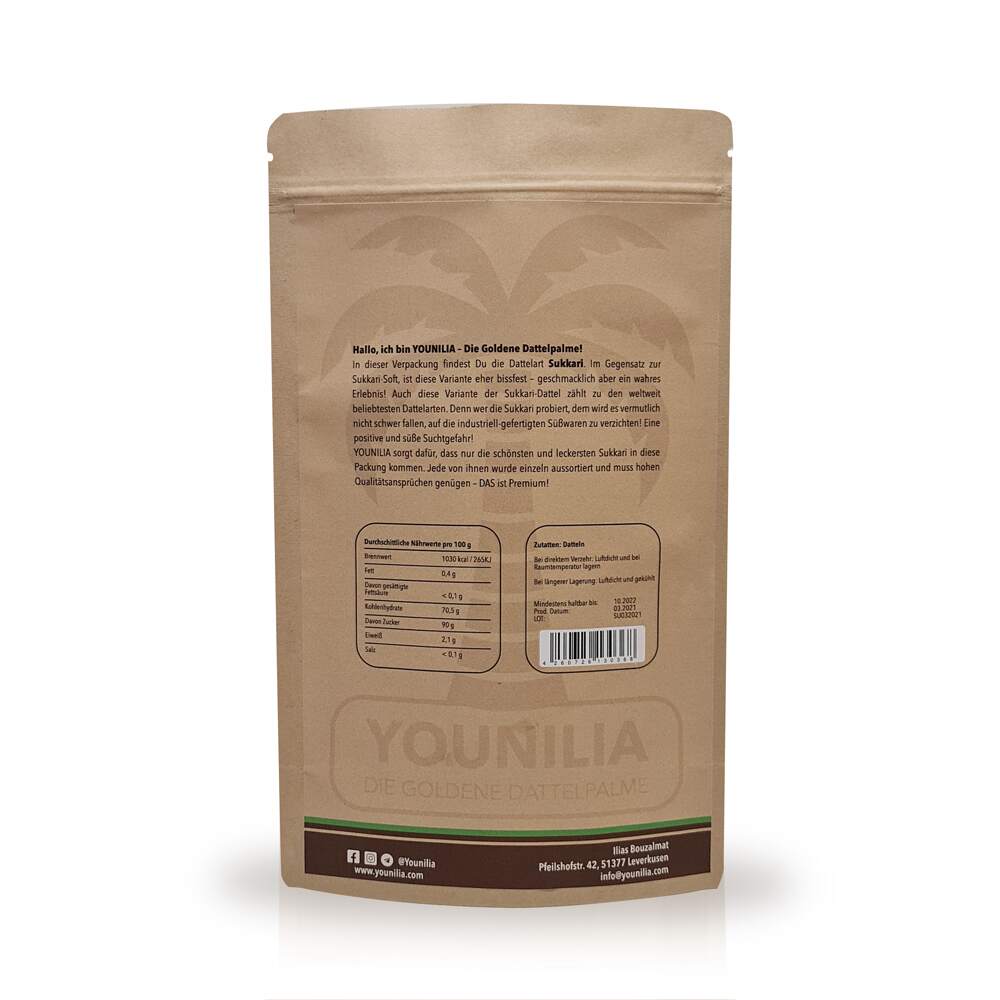 Rückseite der YOUNILIA Sukkari Datteln Verpackung mit Produktinformationen und Nährwertangaben