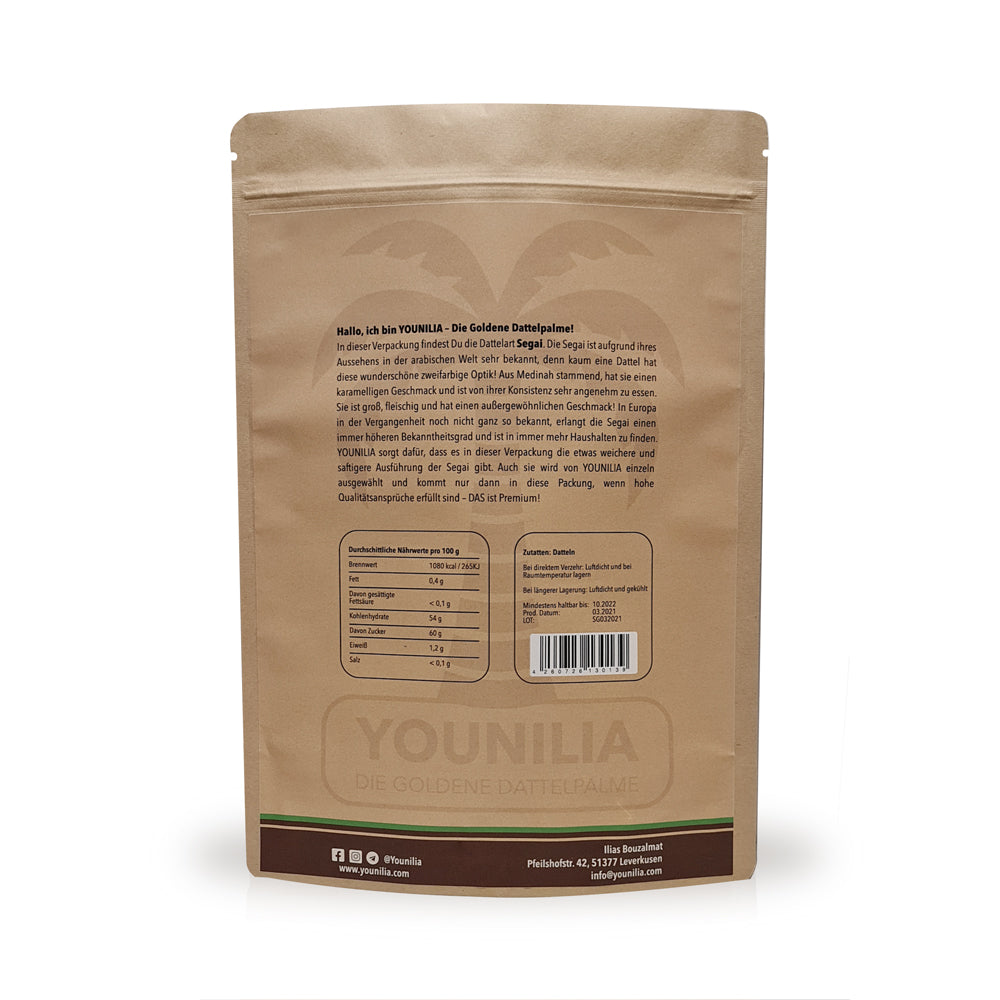 Rückseite der Segai Premium Datteln Verpackung von Younilia im 900g Beutel mit Nährwertangaben und Produktbeschreibung