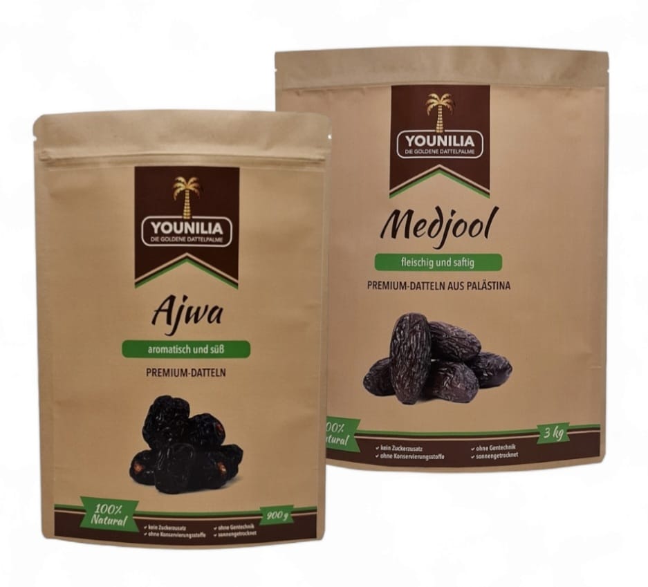 Verpackungen von Ajwa Datteln (900g) und Medjool Datteln (3kg) von Younilia, präsentiert als Ramadan Special.