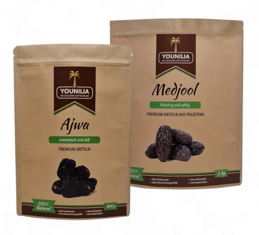 Verpackungen von Ajwa Datteln (900g) und Medjool Datteln (3kg) von Younilia, präsentiert als Ramadan Special.