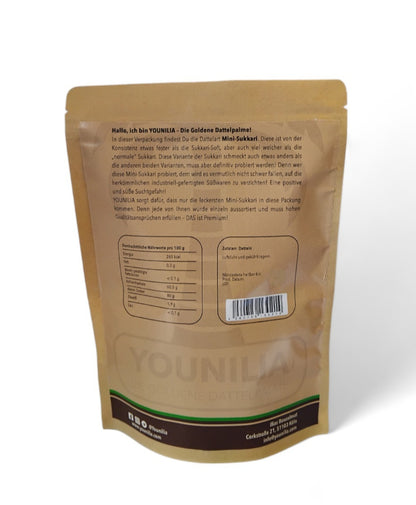 Rückseite der YOUNILIA Mini-Sukkari Datteln Verpackung mit Produktinformationen und Nährwertangaben