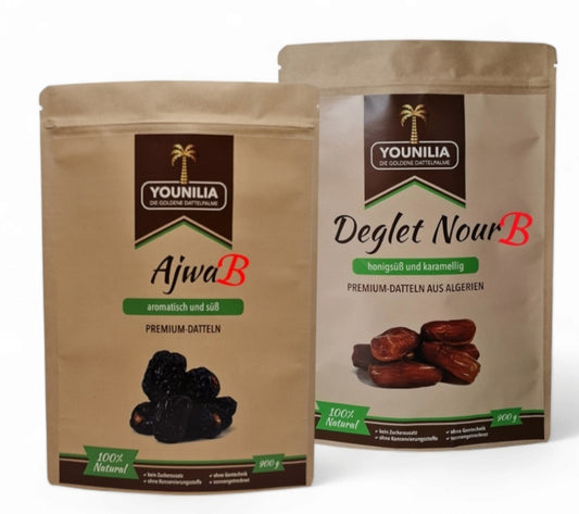 Ajwa und Deglet Nour Premium-Datteln in 900g-Packungen aus Algerien. Ajwa Datteln sind aromatisch und süß, Deglet Nour Datteln sind honigsüß und karamellig.