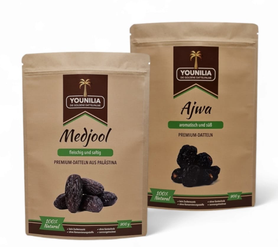 900g Packungen von Medjool Datteln, die als "fleischig und saftig" beschrieben werden, und Ajwa Datteln, die als "aromatisch und süß" bezeichnet sind, zusammen im Bundle gezeigt.