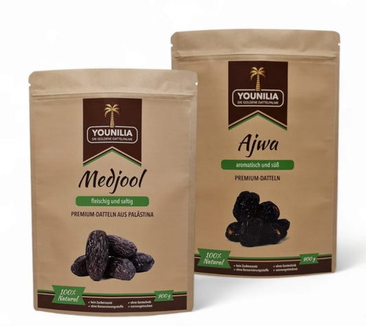 900g Packungen von Medjool Datteln, die als "fleischig und saftig" beschrieben werden, und Ajwa Datteln, die als "aromatisch und süß" bezeichnet sind, zusammen im Bundle gezeigt.