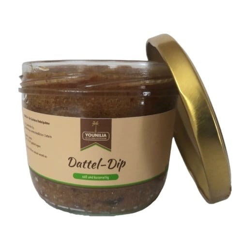 Marokkanischer Dattel-Dip in einem Glasbehälter mit goldfarbenem Deckel. Süß und nussig.