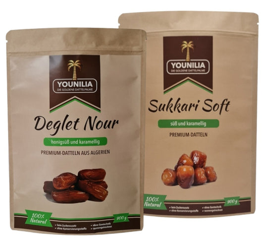 Deglet Nour Datteln (honigsüß und karamellig, aus Algerien) und Sukkari Soft Datteln (süß und karamellig) in 900g-Packungen, Premium-Datteln.