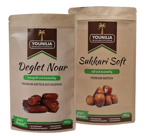 Deglet Nour und Sukkari Soft Premium-Datteln in 450g Beuteln, honigsüß und karamellig, von Younilia, ohne Zuckerzusatz und Konservierungsstoffe.