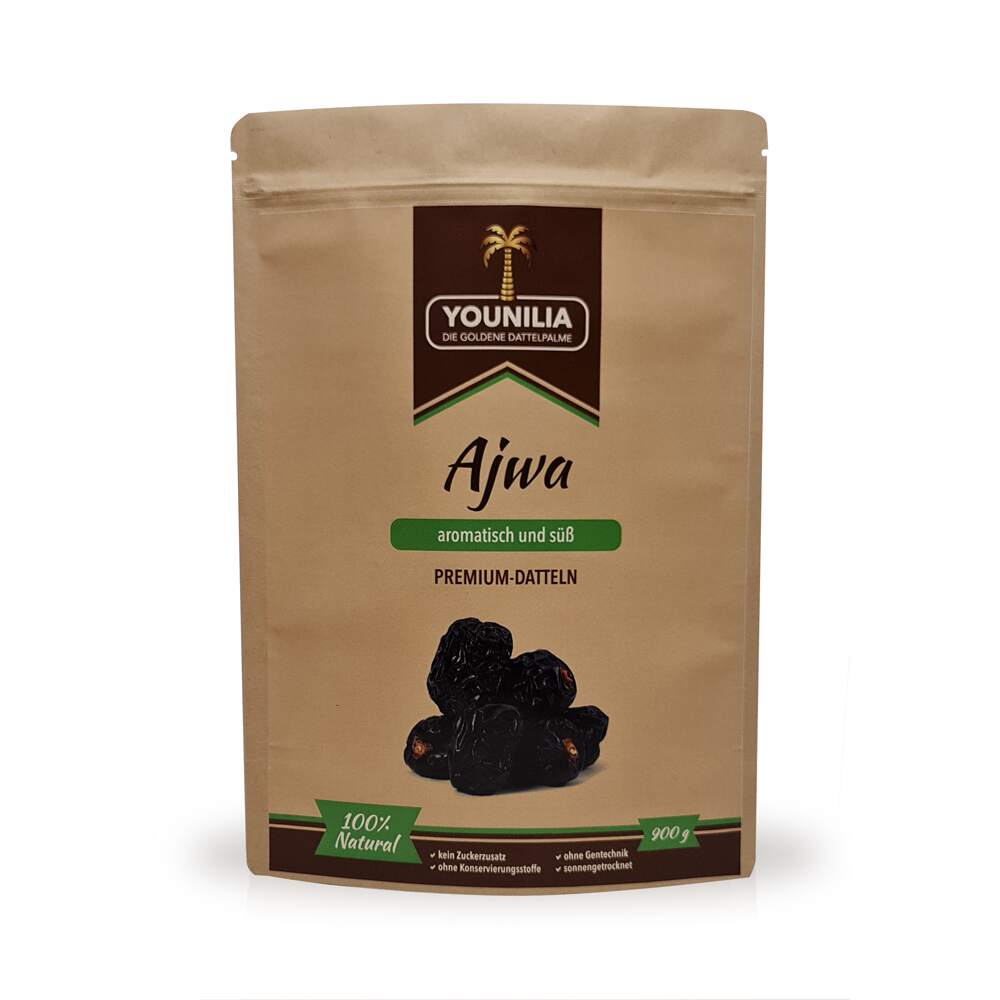 Verpackung der YOUNILIA Ajwa Datteln – aromatisch und süß, 900 g Packung
