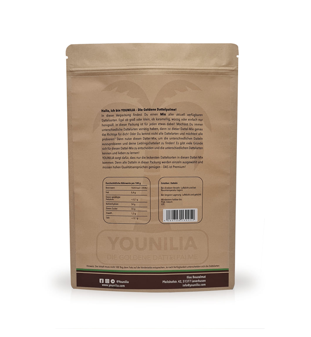 Rückseite der frischen Dattelmix-Verpackung mit Produktinfos