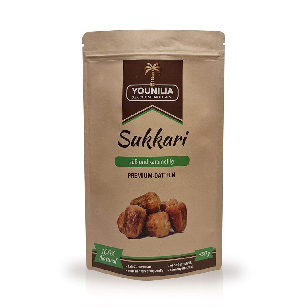 Verpackung der YOUNILIA Sukkari Datteln – süß und karamellig, 450 g Packung