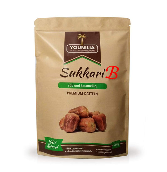 Verpackung der YOUNILIA Sukkari Datteln – süß und karamellig, 900 g Packung