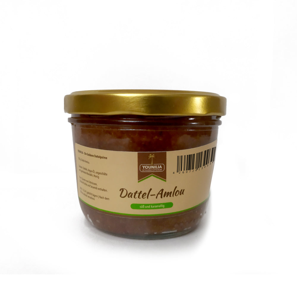 Dattel-Amlou Paste, süß und karamellig, ideal als Brotaufstrich oder für Desserts.