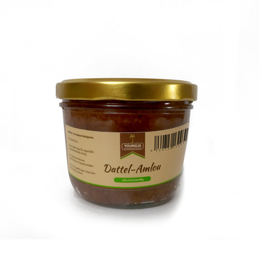 Dattel-Amlou Paste, süß und karamellig, ideal als Brotaufstrich oder für Desserts.