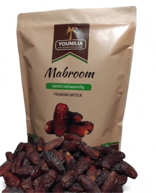 Mabroom Premium Datteln von Younilia aus Medina – köstlich karamellig im Geschmack vor der 900g Verpackung