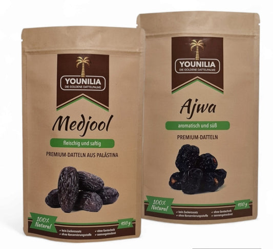 450g Packungen von Medjool Datteln, die als "fleischig und saftig" beschrieben sind, und Ajwa Datteln, die als "aromatisch und süß" bezeichnet werden, nebeneinander abgebildet.