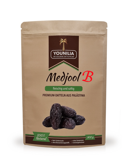 Medjool Datteln der Qualitätsstufe B von Younilia in einer Verpackung, 900g, aus Palästina, 100% natürliche Datteln.