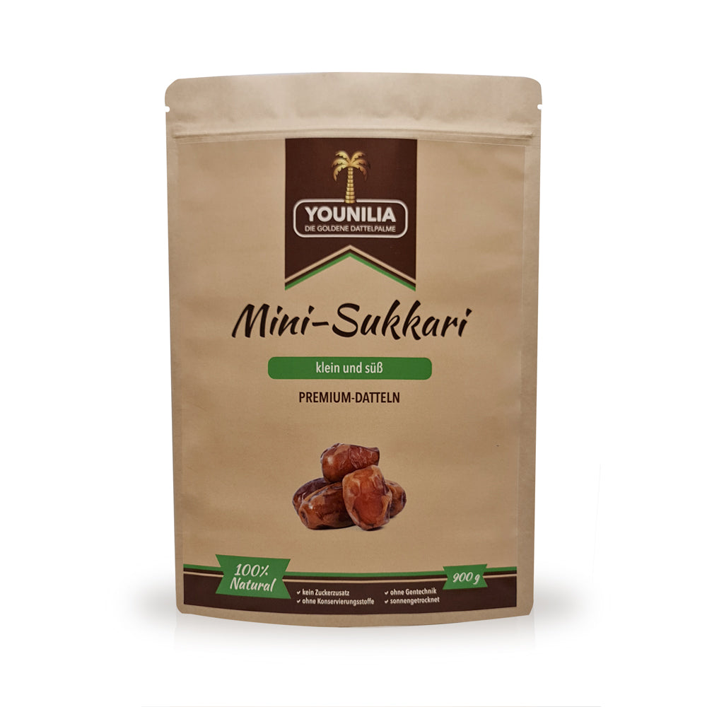 Mini-Sukkari Datteln in Premium-Qualität, klein und süß, ohne Zuckerzusatz und ohne Konservierungsstoffe, 900g Packung.