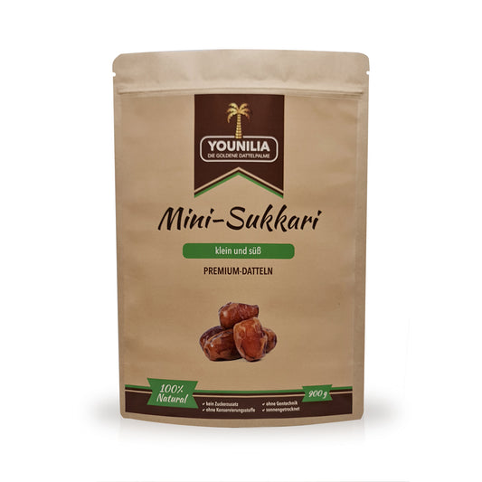 Mini-Sukkari Datteln in Premium-Qualität, klein und süß, ohne Zuckerzusatz und ohne Konservierungsstoffe, 900g Packung.