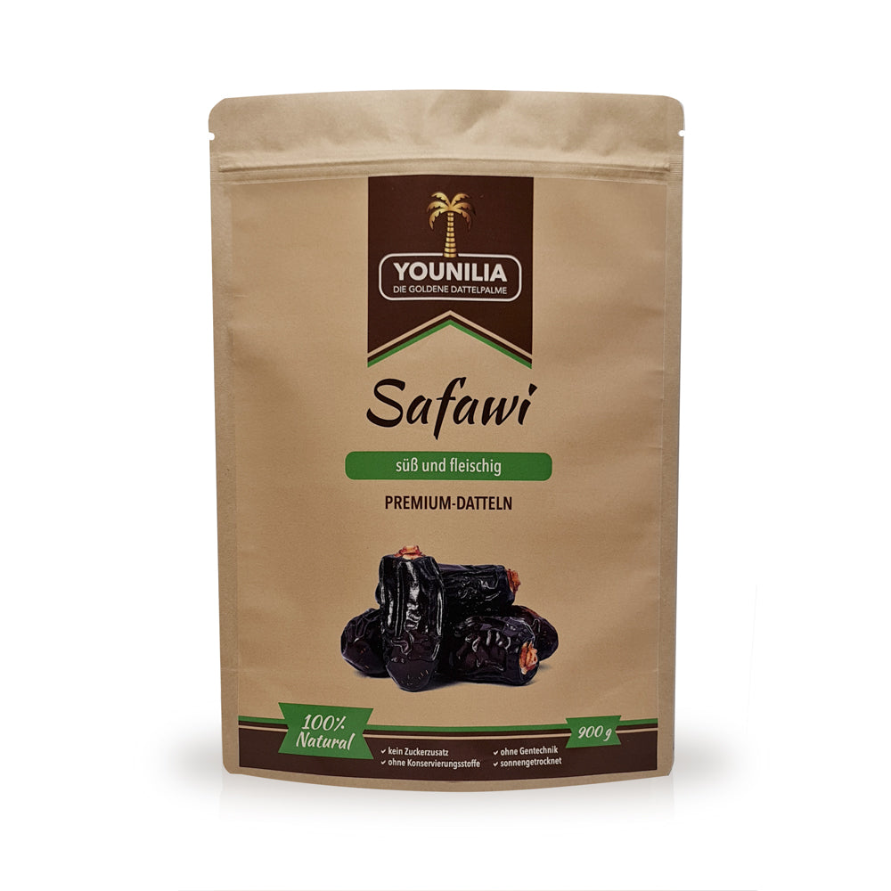 Safawi Premium Datteln von Younilia im 900g Beutel – süß, fleischig und reich an Nährstoffen