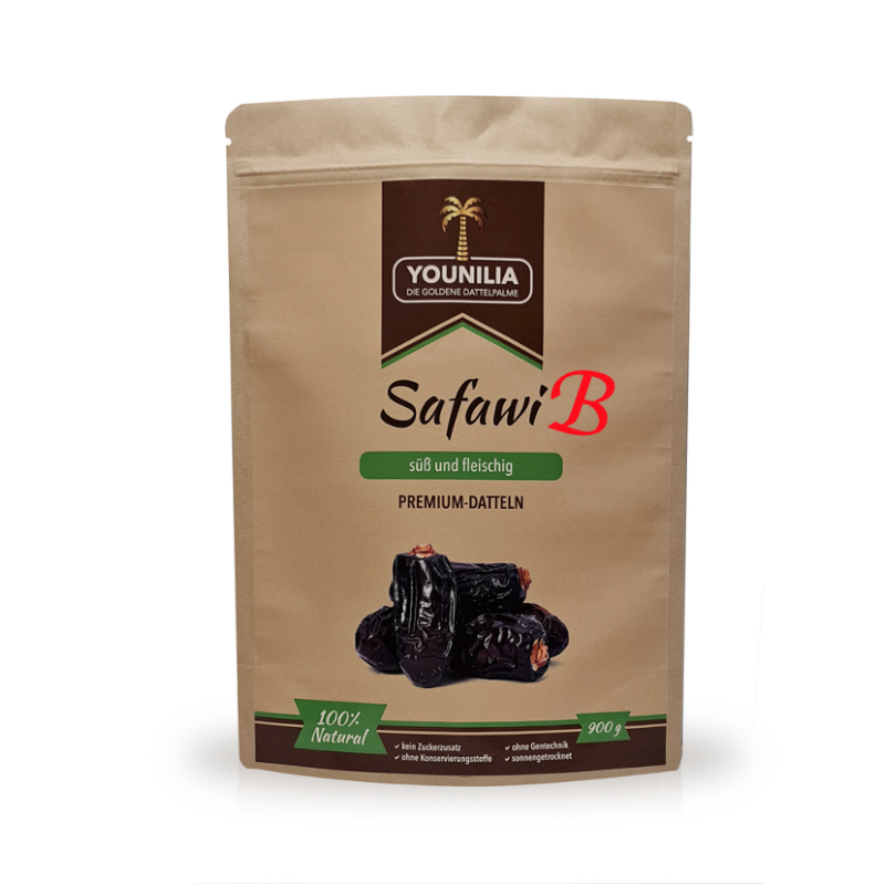 Safawi Premium Datteln, süß und fleischig, 900g Packung, 100% natürlich, ohne Zuckerzusatz und Konservierungsstoffe, sonngetrocknet.