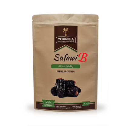 Safawi Premium Datteln, süß und fleischig, 900g Packung, 100% natürlich, ohne Zuckerzusatz und Konservierungsstoffe, sonngetrocknet.
