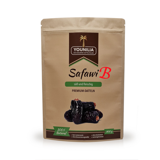Safawi Premium Datteln, süß und fleischig, 900g Packung, 100% natürlich, ohne Zuckerzusatz und Konservierungsstoffe, sonngetrocknet.