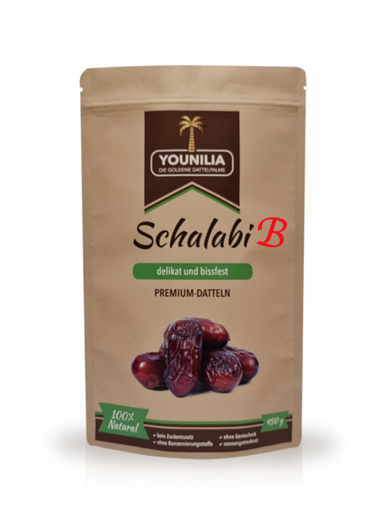 Schalabi Datteln 450g, premium Qualität mit delikatem und bissfestem Geschmack. Ohne Zuckerzusatz, ohne Konservierungsstoffe und ohne Gentechnik.