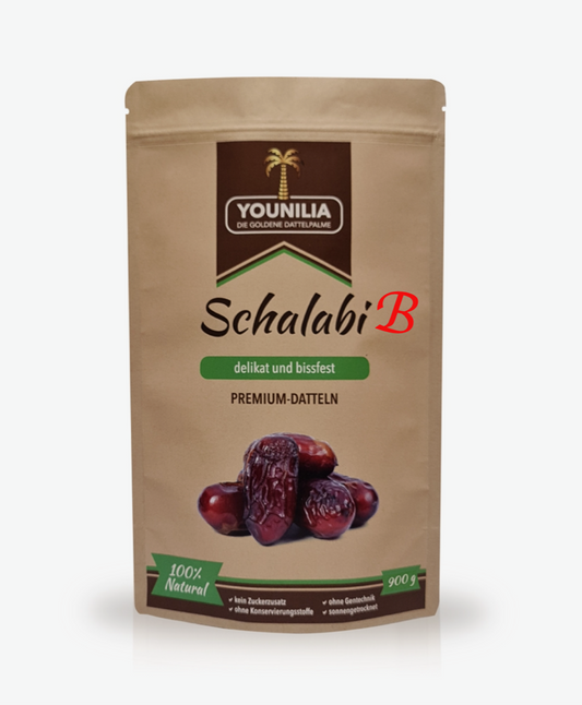 Schalabi Datteln in einer 900g Verpackung, die delikat und bissfest sind, ohne Zuckerzusatz, ohne Konservierungsstoffe, für den gesunden Genuss.