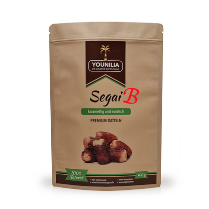 Segai Premium Datteln in karamelliger und exotischer Geschmacksrichtung, 900g Packung, 100% natürlich, ohne Zuckerzusatz und Konservierungsstoffe.